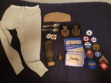 Vintage military army lot WWII patches, trench art, spoons, 1940 long underwear picture