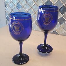 Set 2 United States Navy Wine Glasses Cobalt Blue 22k Gold USA Military 12 Ounce picture