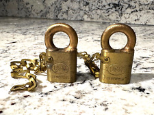 USN ELECTRIC Vintage Brass Locks w/Chain Corbin Cabinet Lock Co. USA Made Pair picture