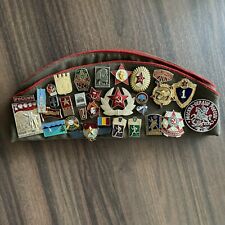 Vintage USSR Russian Military Hat Cap w/ 30 Pins & 3 Patches Size 57 picture