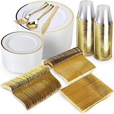 600 Piece Gold Dinnerware Set–200 White and Gold Plates –Set of 300 Gold Plastic picture