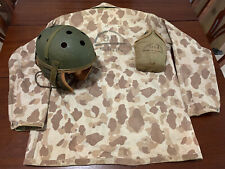 WWII Marine UNIS marked camo HBT jacket, tanker helmet grouping uniform Iwo Jima picture