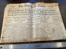 ORIGINAL WWII NY TIMES NEWSPAPER HITLER BEGINS WAR ON RUSSIA 6/22/41 picture