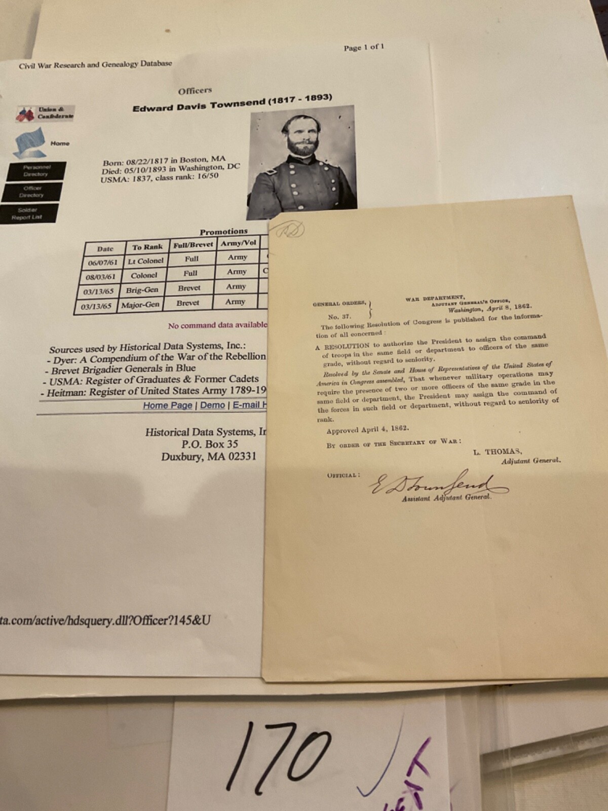GRANT FIELD COMMANDER CIVIL WAR GENERAL ORDER ASSIGNS BY PASSING SENIORITY # 170