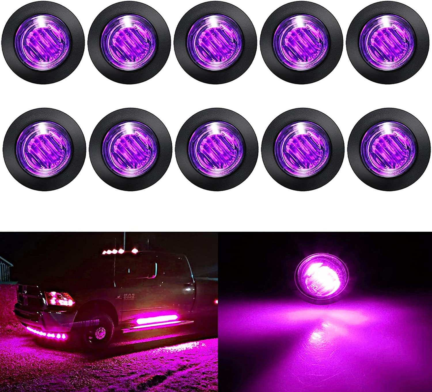 10 Pack Sealed Waterproof Mini round 3/4 Inch Purple LED Marker Lights Signal Li