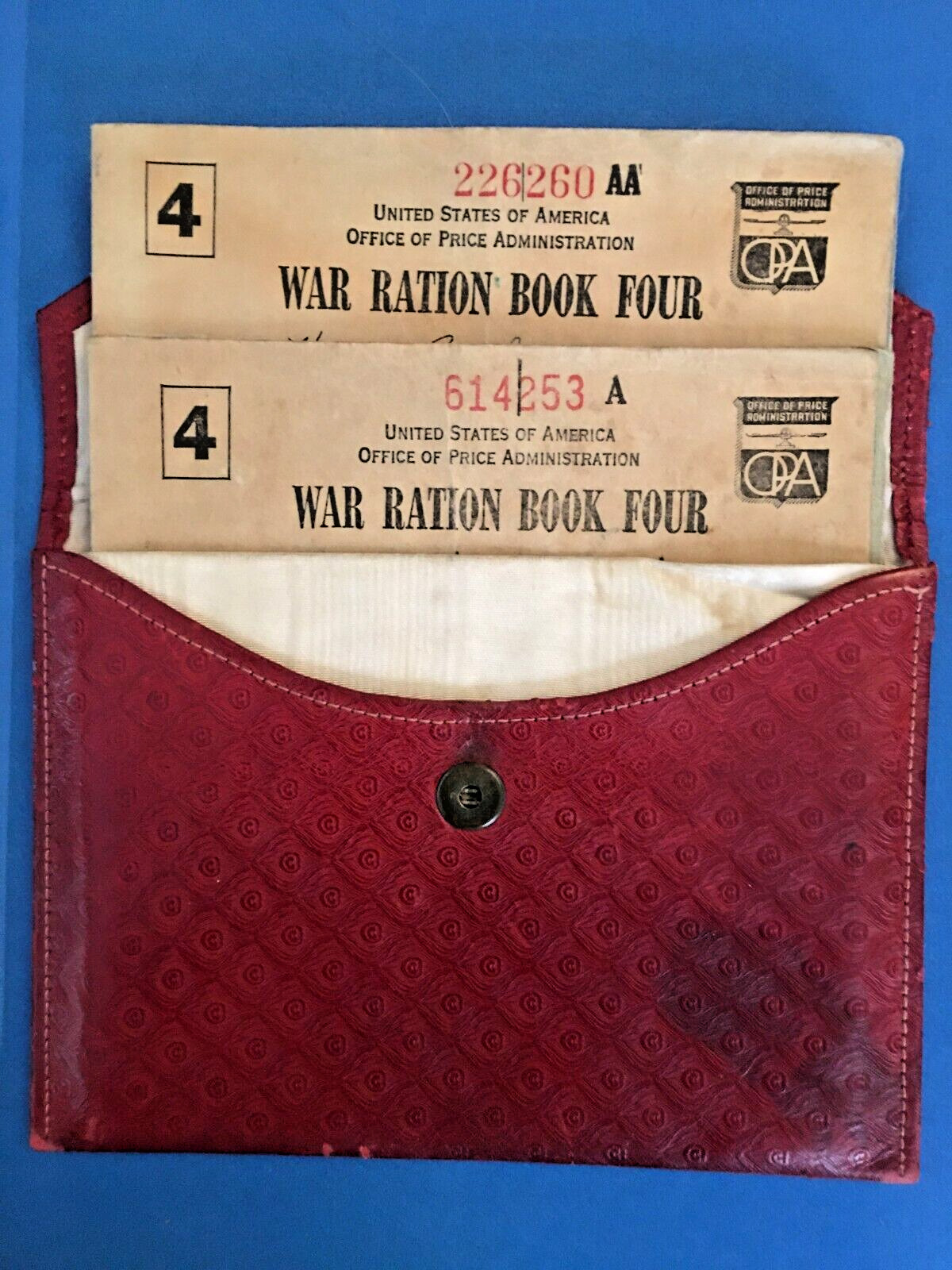 Vintage World War II Ration Books Stamps Plus Tooled Leather Pouch  Silk Lined
