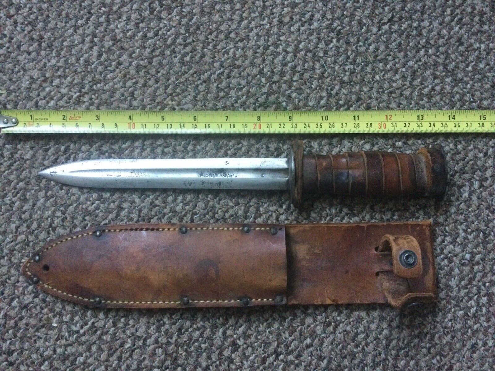 WW2 theater made double edged dagger combat fighting knife leather handle