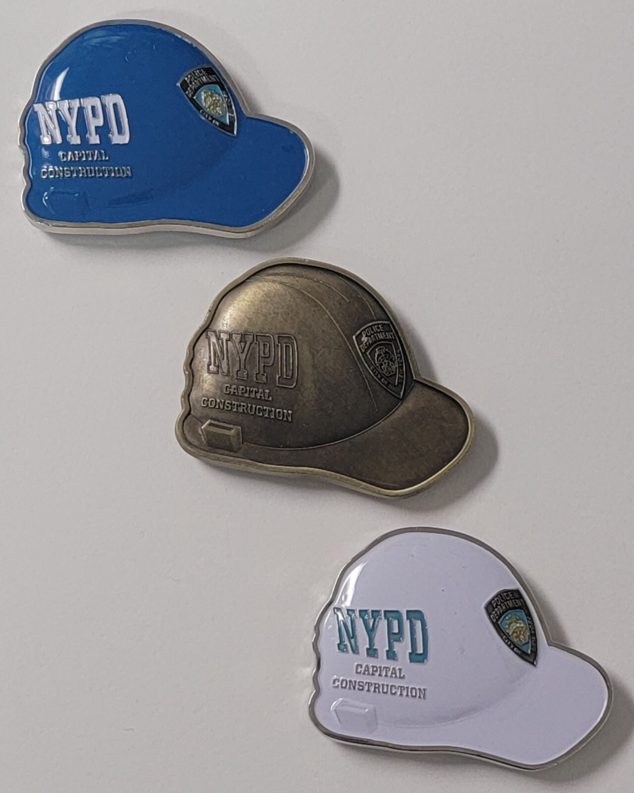 LOT OF 3 NYPD CAPITAL CONSTRUCTION HARD HAT BLUE WHITE & GOLD CHALLENGE COINS