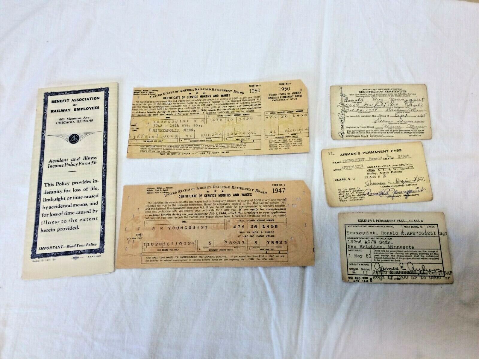 Vtg 1940s US Railroad Army Insurance Registration Documents Identification Paper