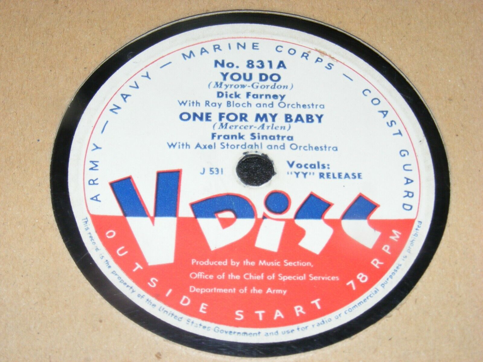 FRANK SINATRA 78 rpm V DISC WW II #831 Dick Farney HARRY JAMES One For My Baby
