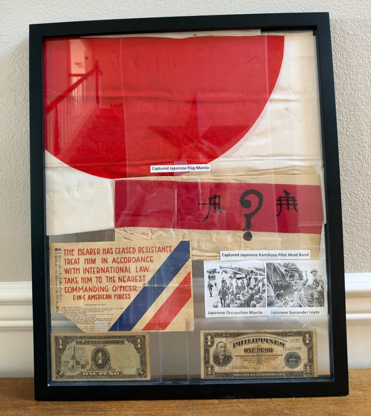 WWII PACIFIC PRESENTATION SHADOW BOX CAPTURED JAPANESE FLAG KAMIKAZE HEADBAND