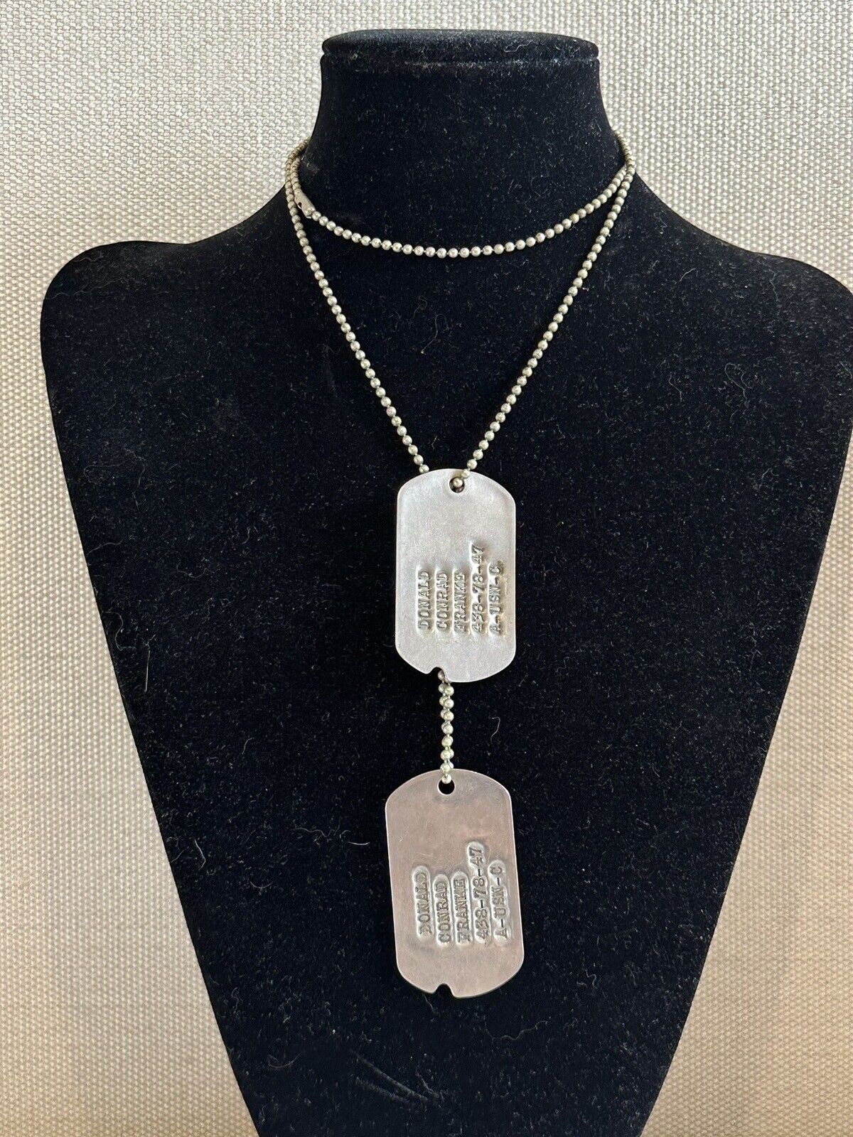 Vintage Original WWII USN United State Navy Sailor Dog Tags with Chain