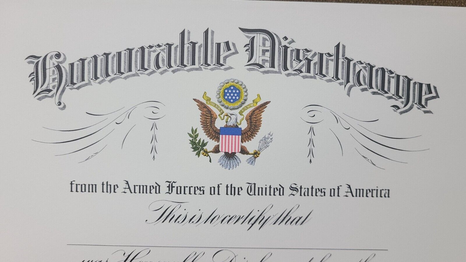 US Army Honorable Discharge Certificate (Original Issue)