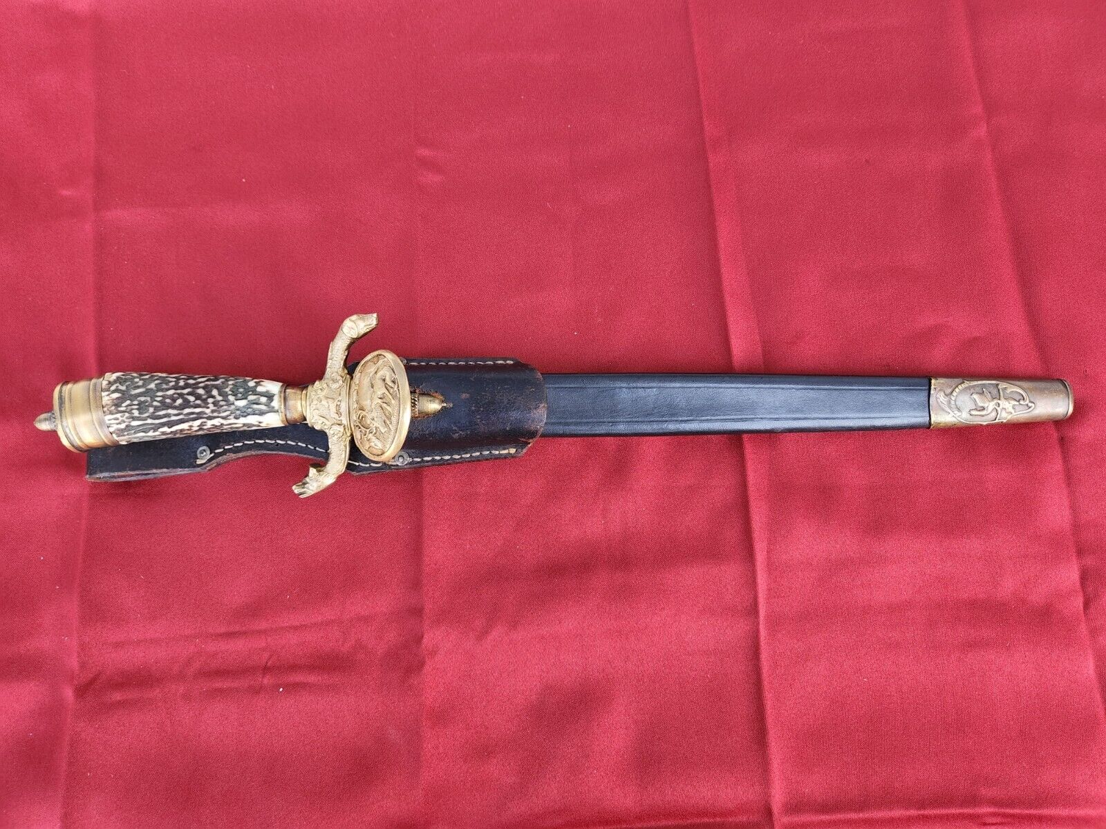 German Engraved Hunting Dagger Sword Stag Handle Knife (Dog Head) Alex Coppel