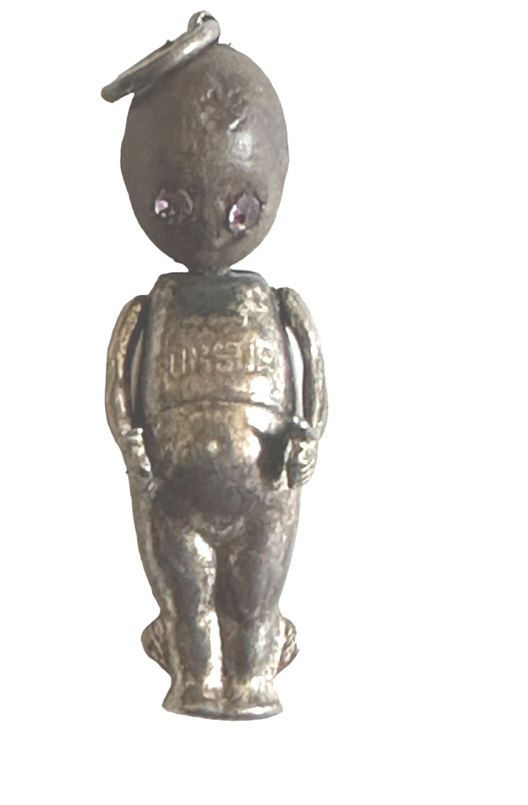 WW1 era Fumsup Silver and Wood Charm Doll with Purple Eyes - 30mm tall.