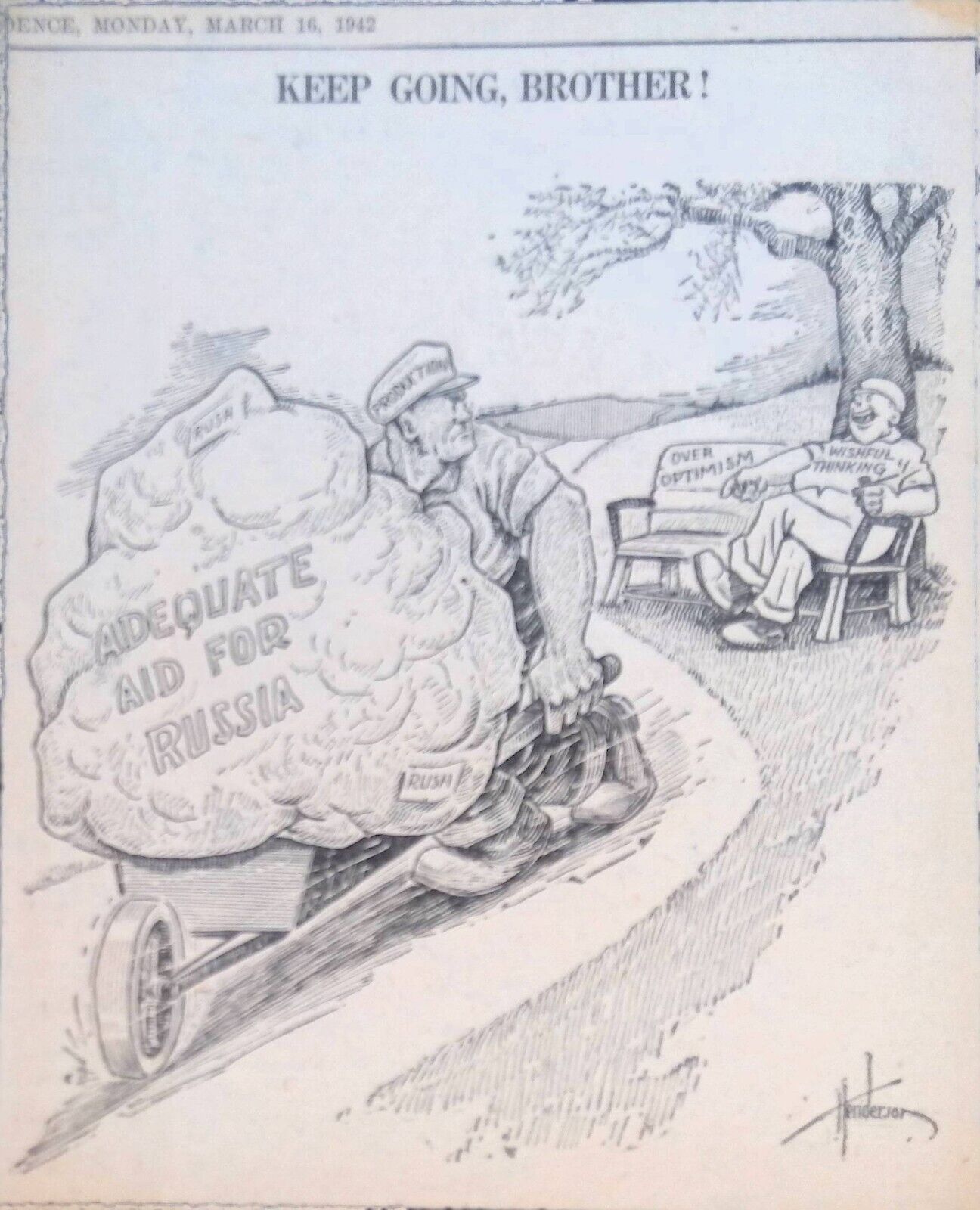 Rushing Adequate Aid To Russia Axis Original Political Cartoon WWII 3/16/1942