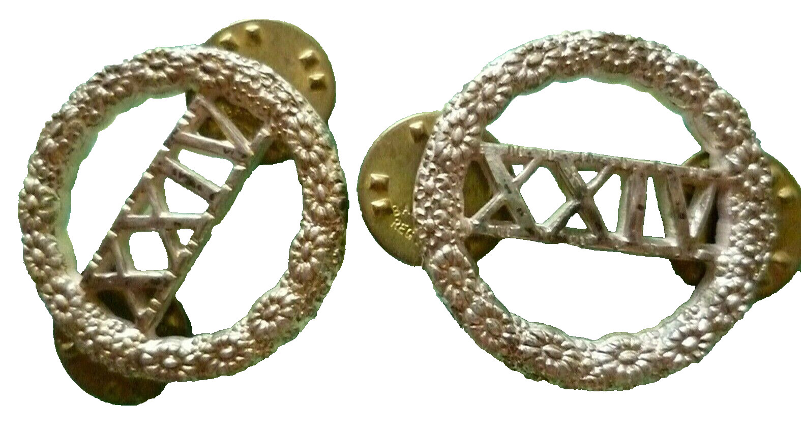 South Wales Borderers Collar Badge XXIV White Metal Antique Genuine Pair