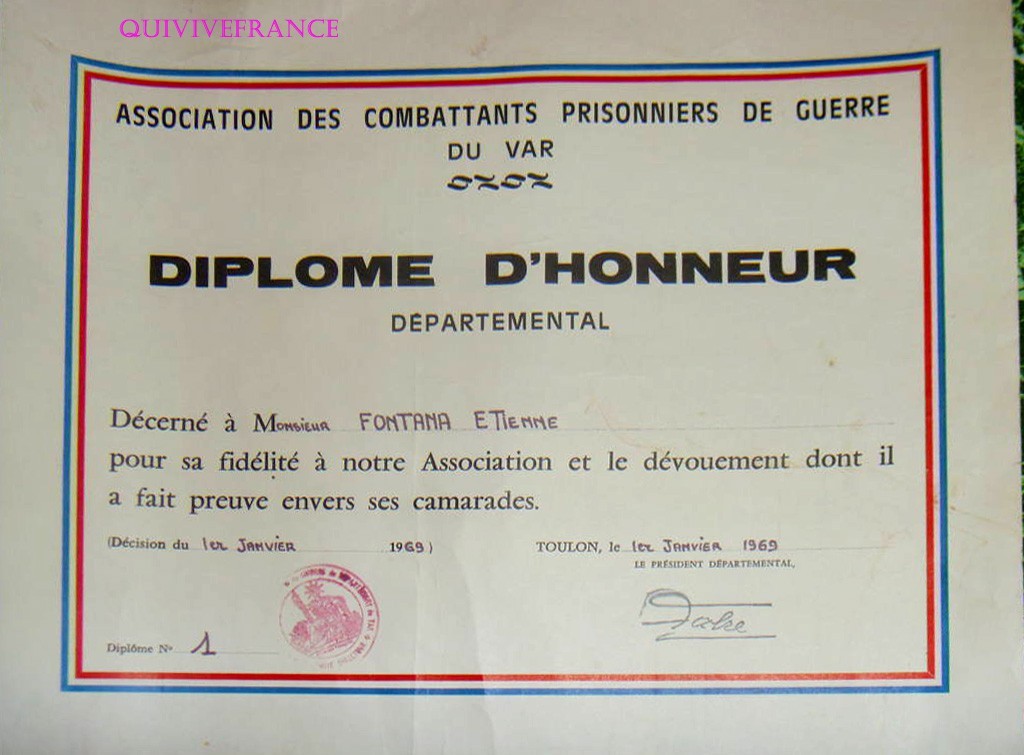 DIPL385 - Honorary Diploma Assoc. Combatants Prisoners Of War Var 1969