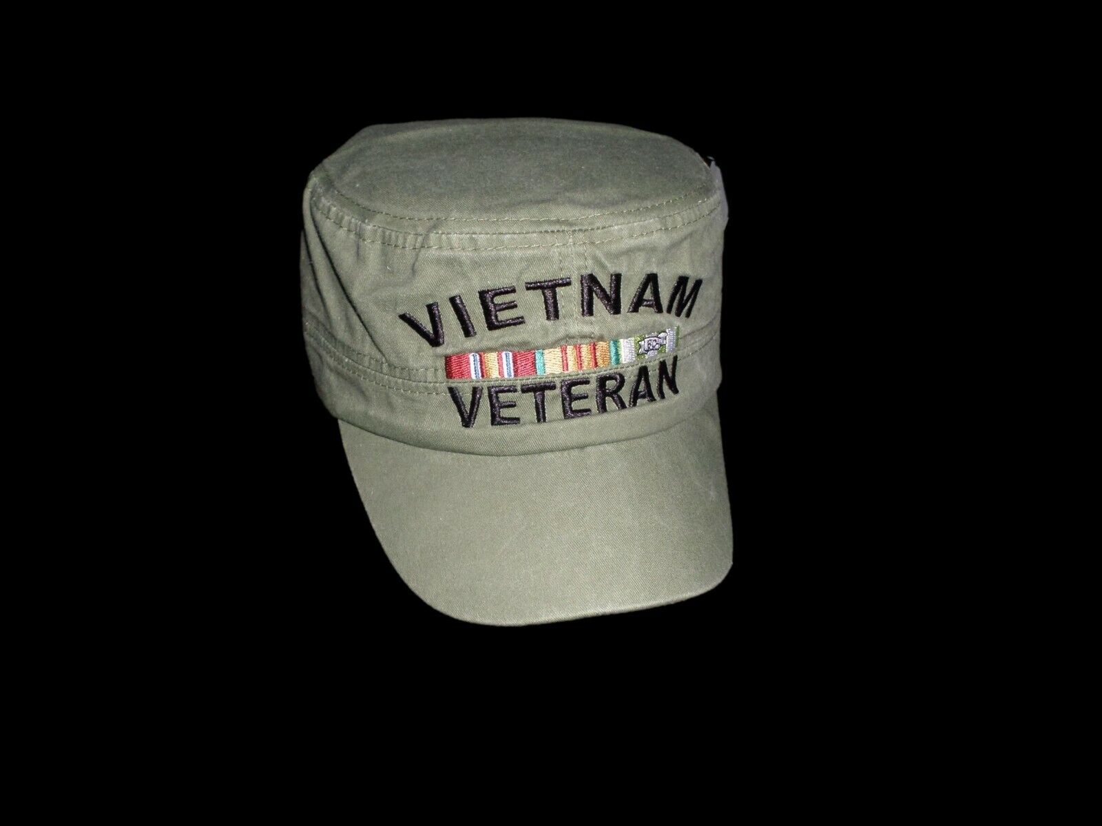 U.S MILITARY VIETNAM VETERAN HAT FLAT TOP OD GREEN BALL CAP VIETNAM RIBBONS
