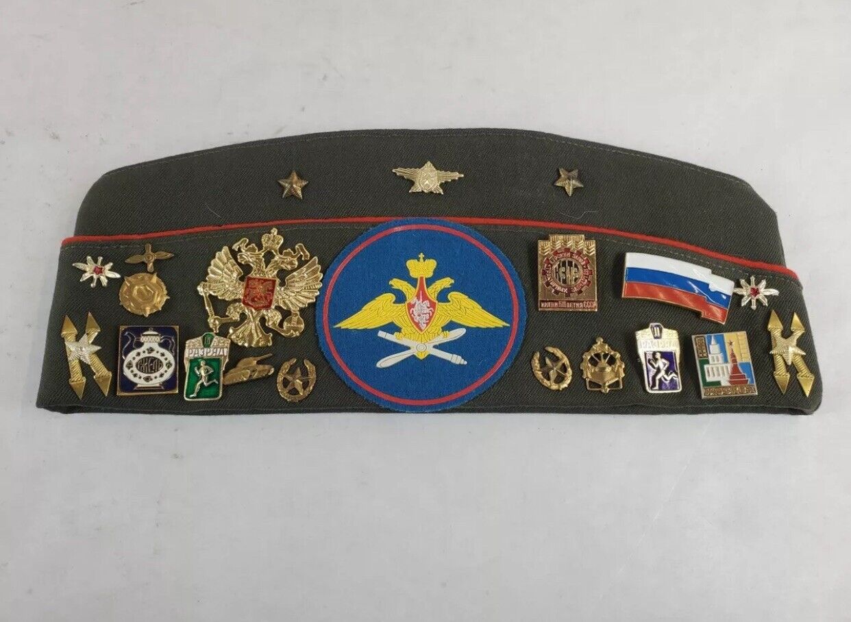Russian Soviet Union Military Cap Army Pilotka Hat With Many Badges and Pins