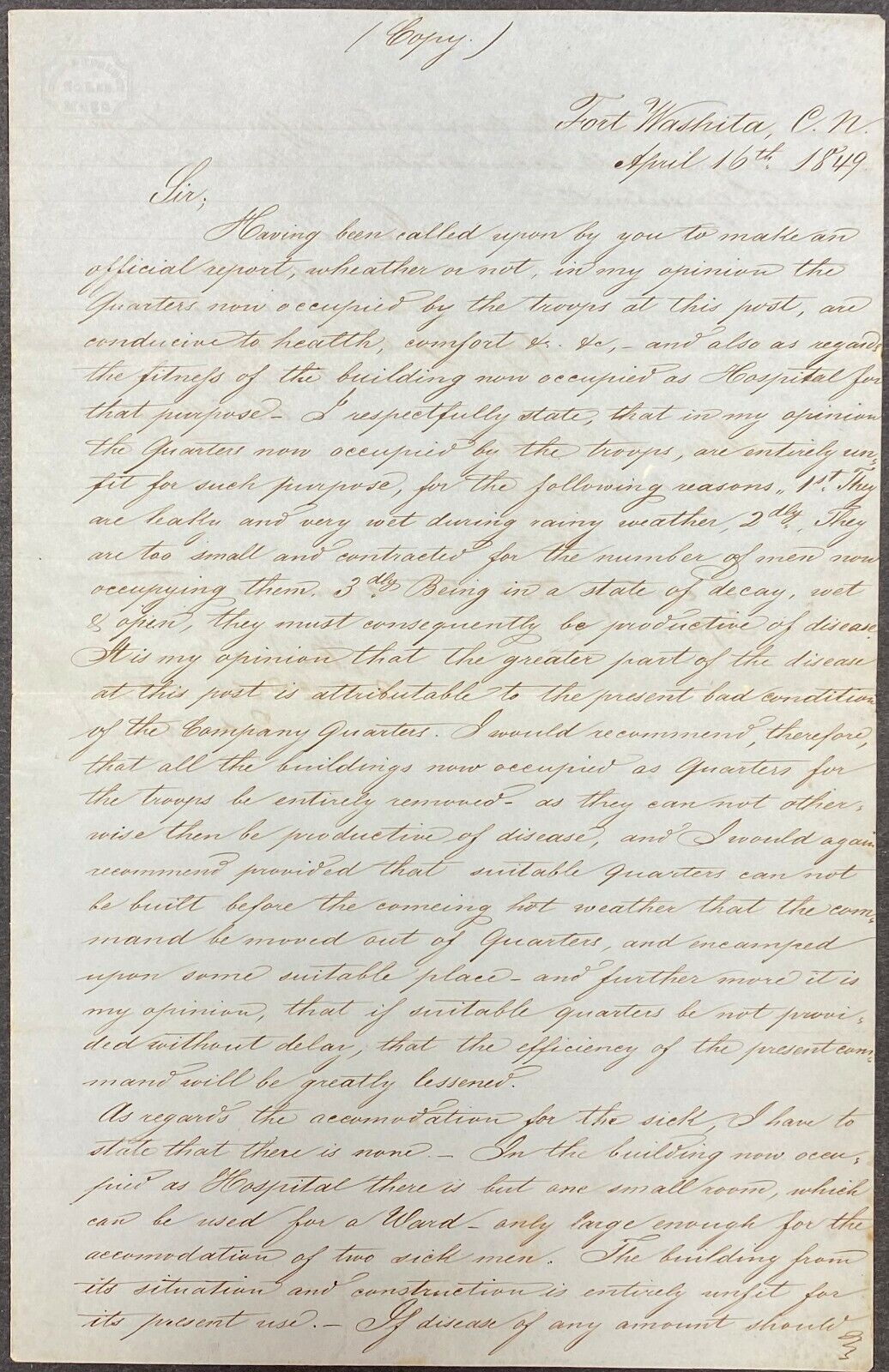 Period Official Manuscript Copy – Fort Washita, Chickasaw Nation