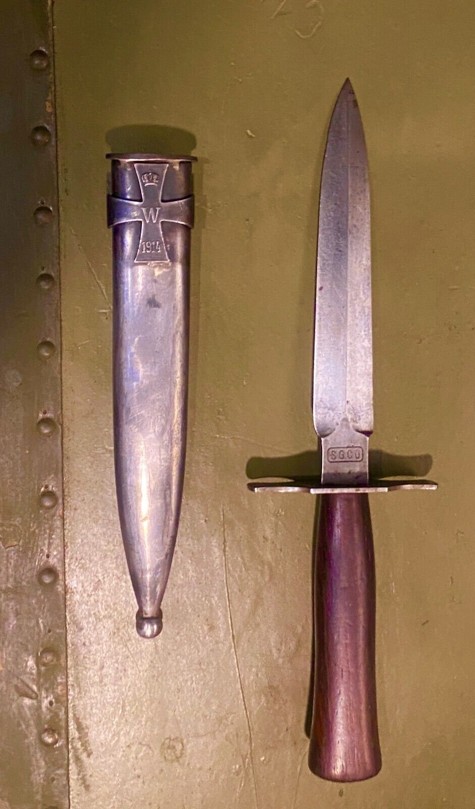 WW1 FRENCH TRENCH KNIFE, MODEL 1916 by S.G.C.O. w/ trench art scabbard  dagger 