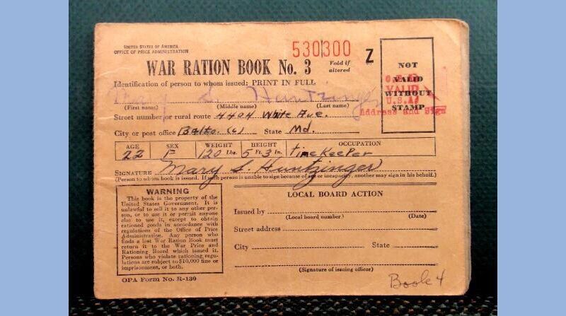 vintage WWII RATION BOOK #3 MARY HUNTZINGER baltimore md shupp