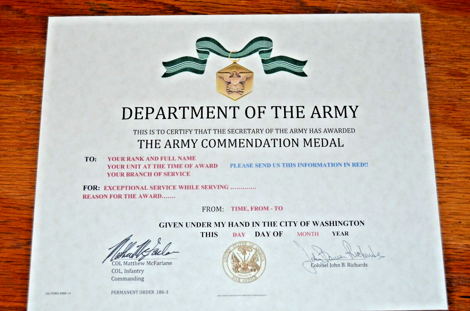 United States Army Commendation Medal Replacement Certificate