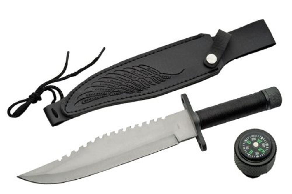 Tactical Bowie Survival Fighting Knife - Fixed Blade Saw-Back w/ Compass