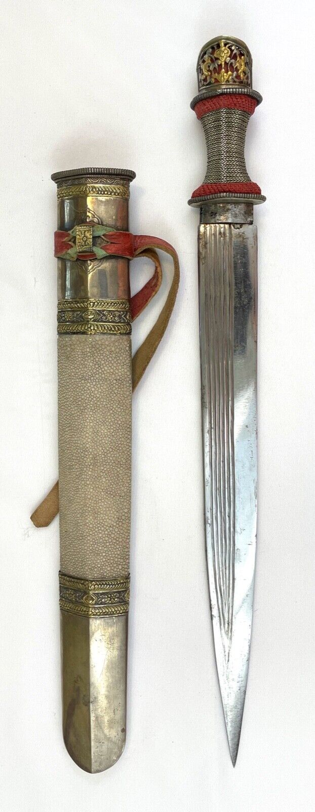 Antique Dozum Bhutan Dagger Knife w/ Scabbard & Hairpin Fold Damascus blade