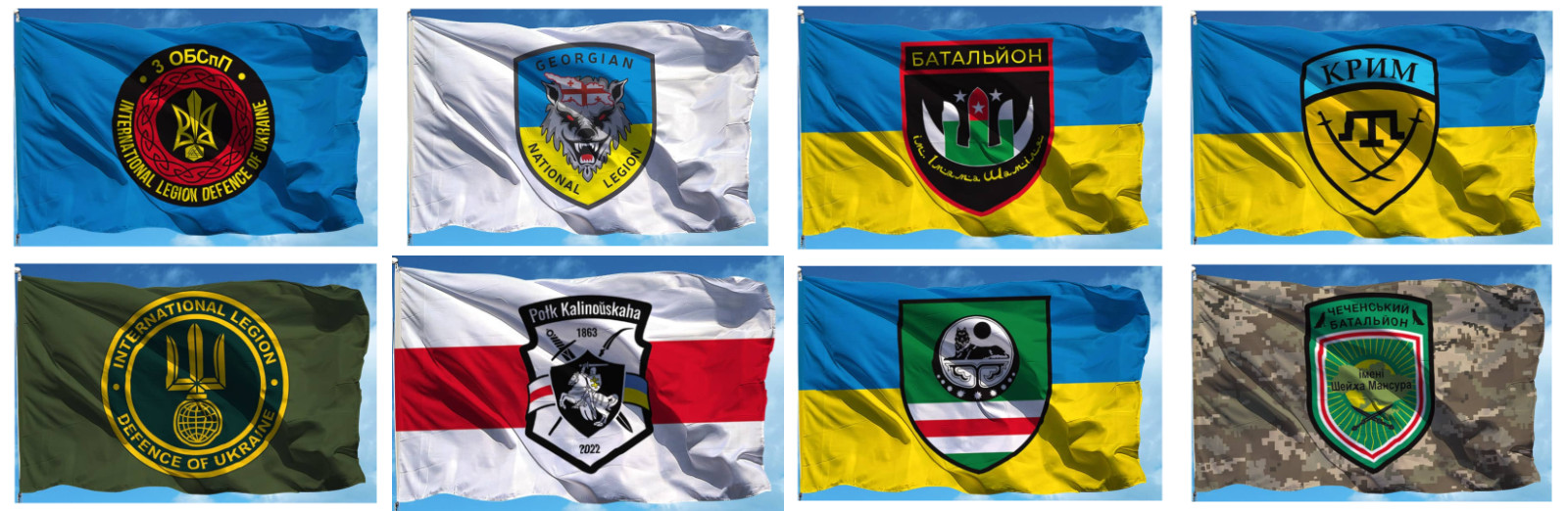 Set of 8 Ukraine war military flags of International army battalions legions