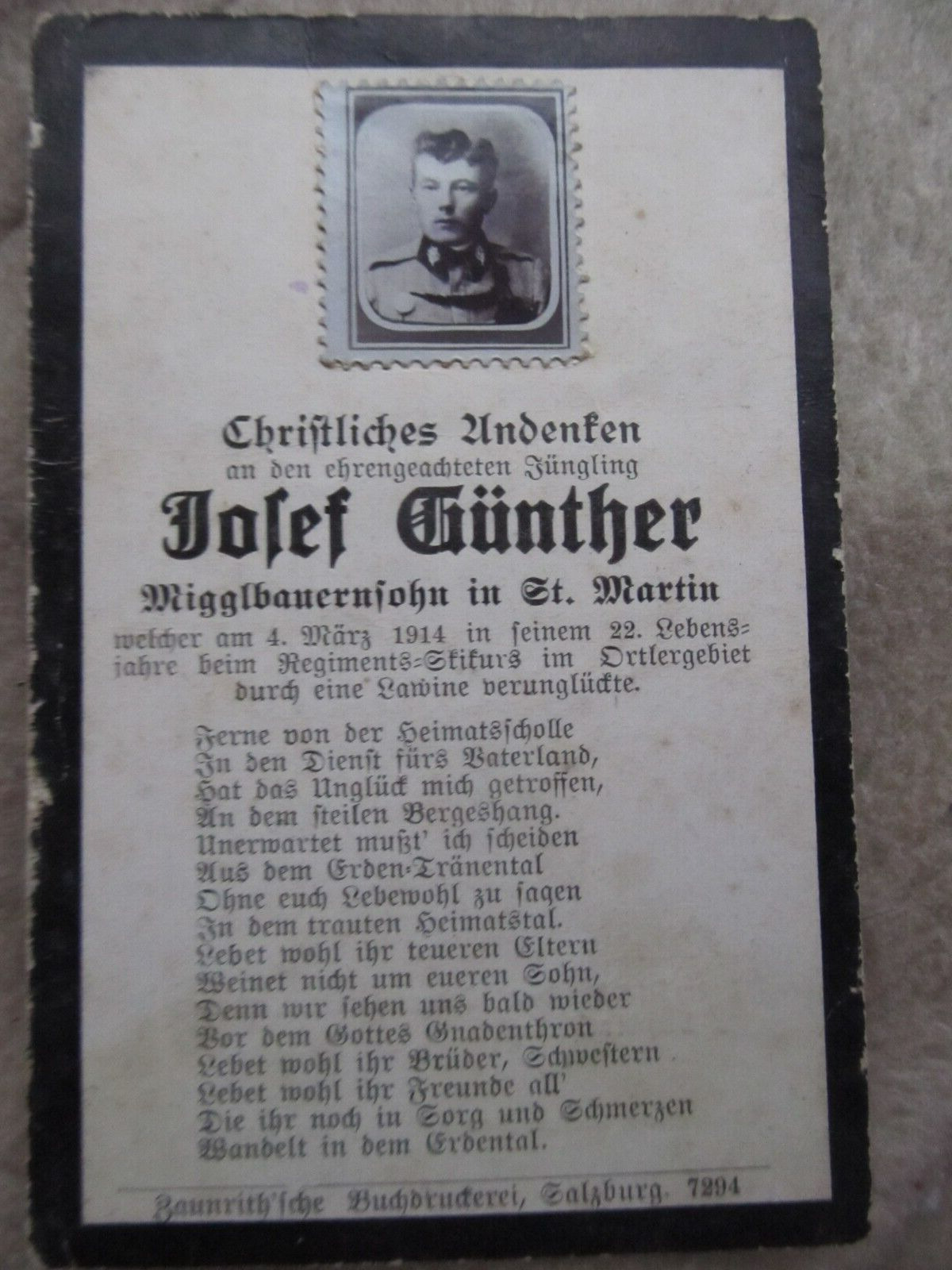 Rare WWI German SKI REGT Death Card, Died Very Early in 1914, ACTUAL PHOTO