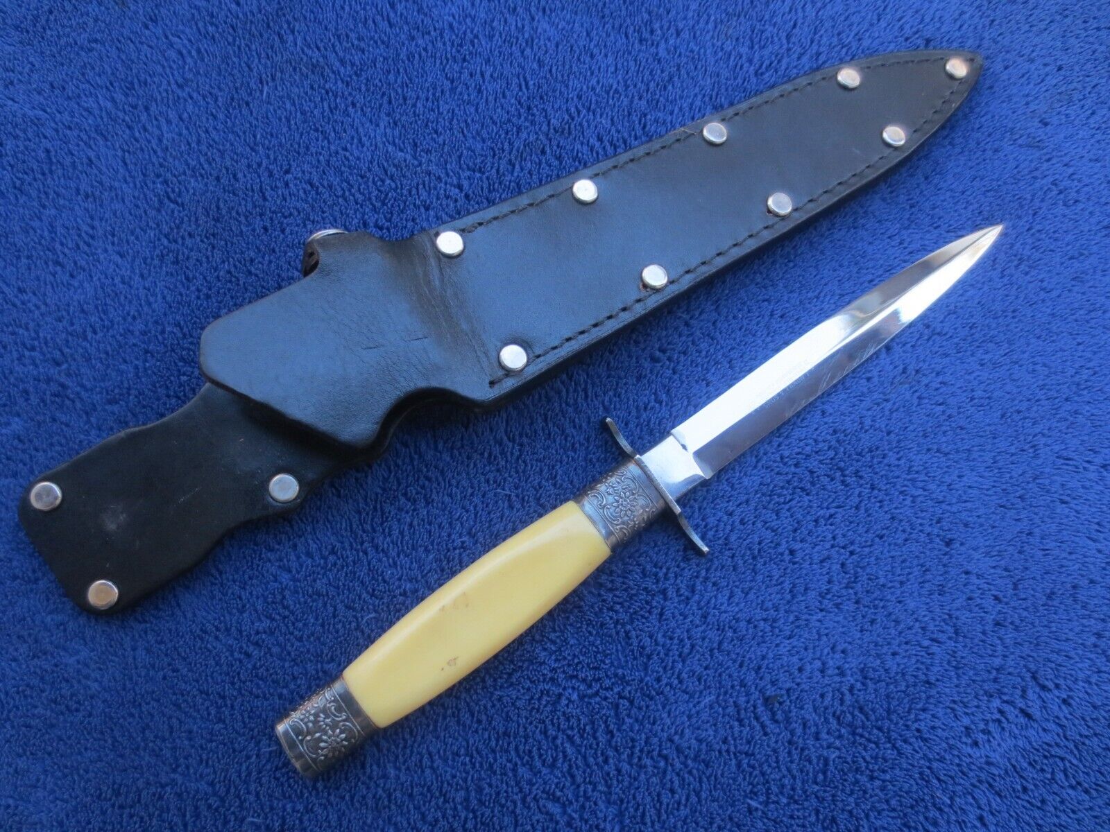 VINTAGE NOWILL SHEFFIELD MADE STILETTO FAIRBAIRN STYLE KNIFE DAGGER AND SCABBARD