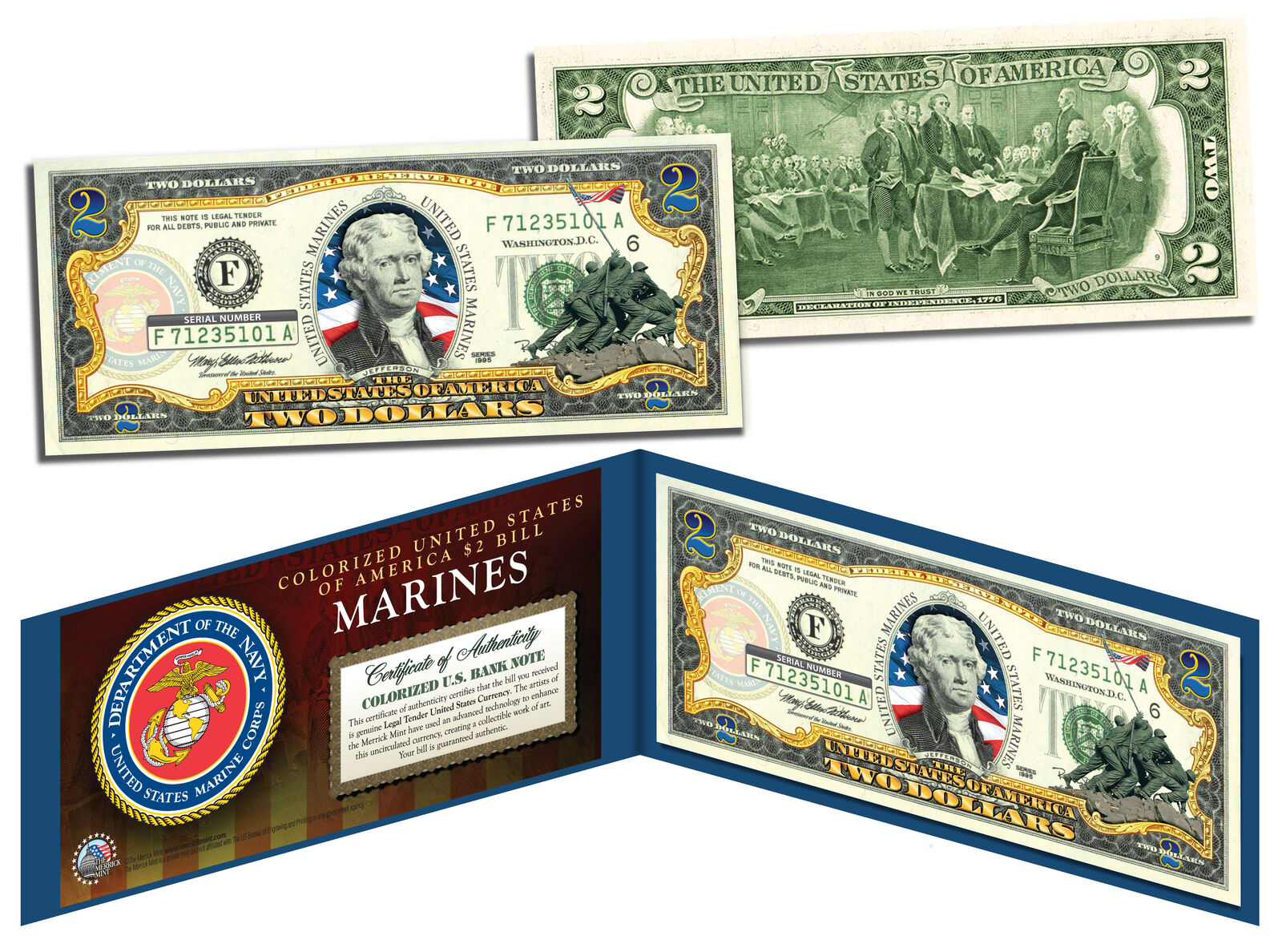 US MARINES WWII Vintage Genuine Legal Tender Colorized U.S. $2 Bill