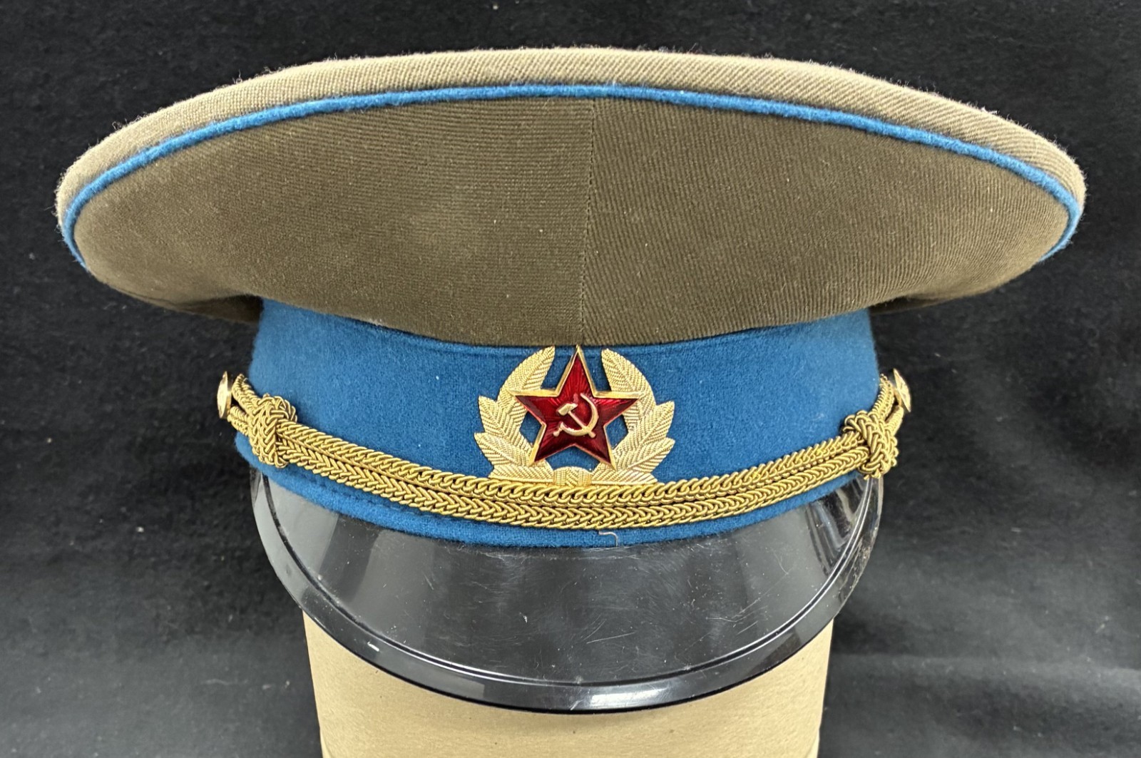 Soviet Air Force Officer Visor Cap Size 55 USSR Blue Band Red Star Military Hat