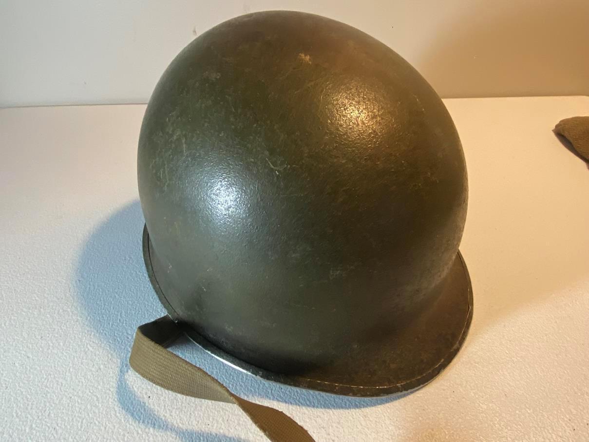 Original WWII US M1 Combat Helmet Fixed Bale Front Seam w/Westinghouse Liner