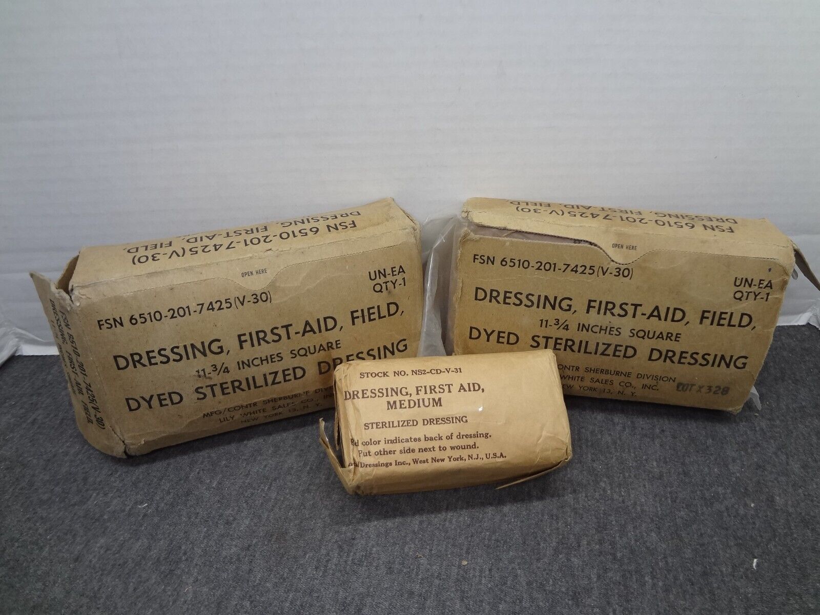 3 Vintage US Military First Aid Field Dressing Sterilized Bandages
