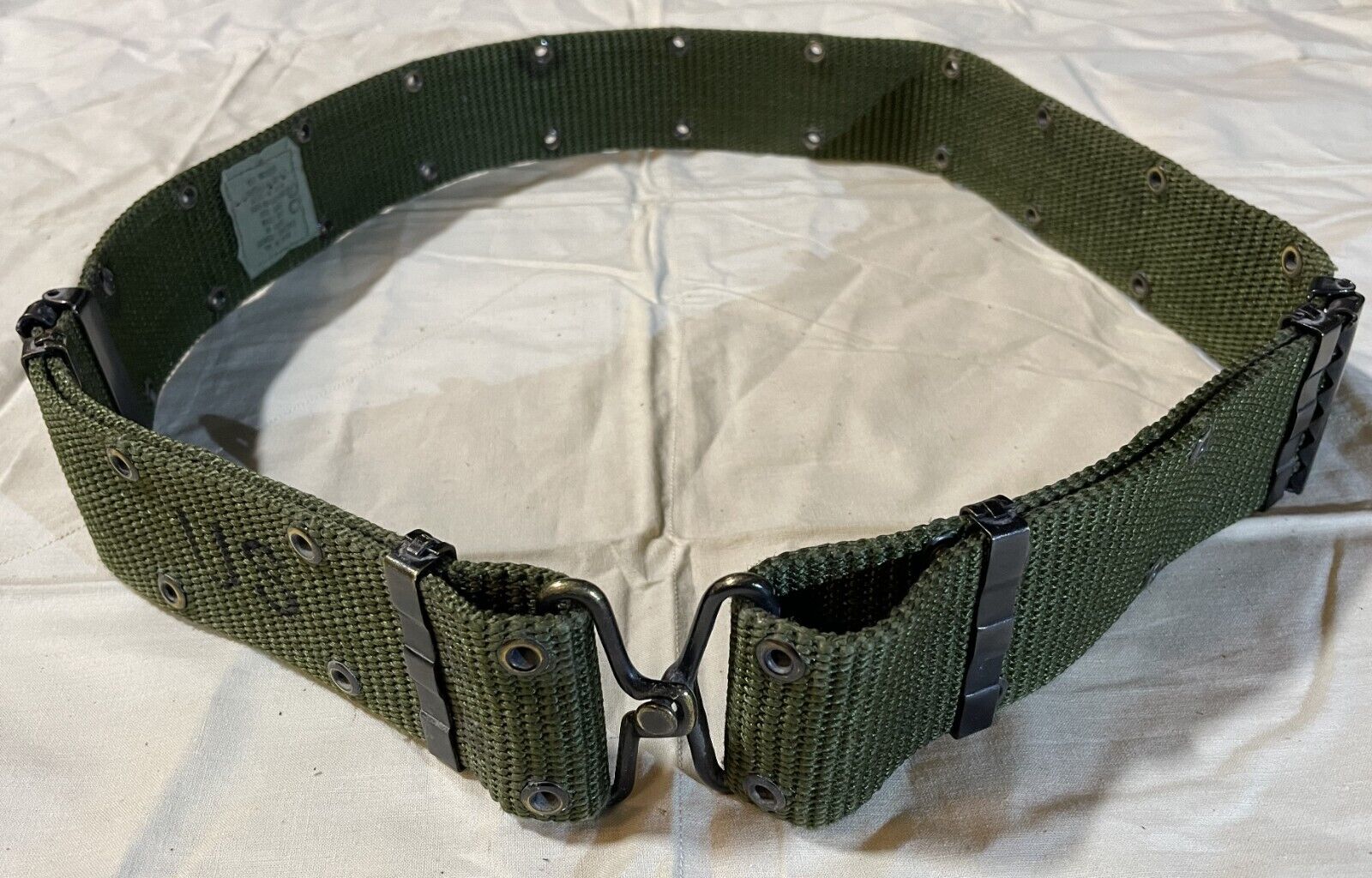 US Military Vietnam Era Nylon OD Green Pistol Belt Brass Buckle Belt Large USED