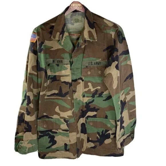 US Army Military Woodland Camouflage Camo Coat Shirt Jacket - Medium Long