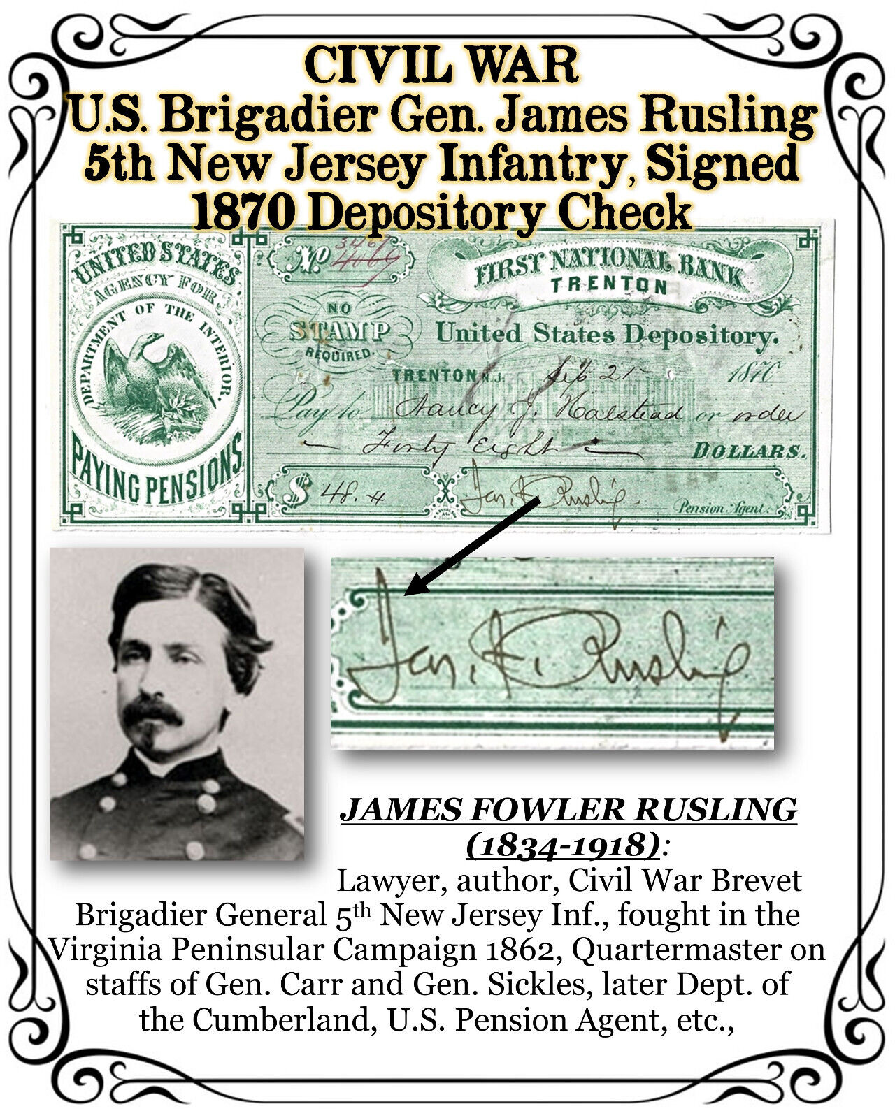 CIVIL WAR U.S. Brigadier General James Rusling, 5th NJ Infantry, Doc. Signed