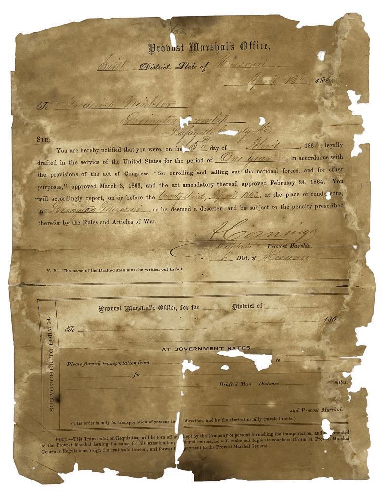 Civil War Draft Notice Lexington, Missouri 1865