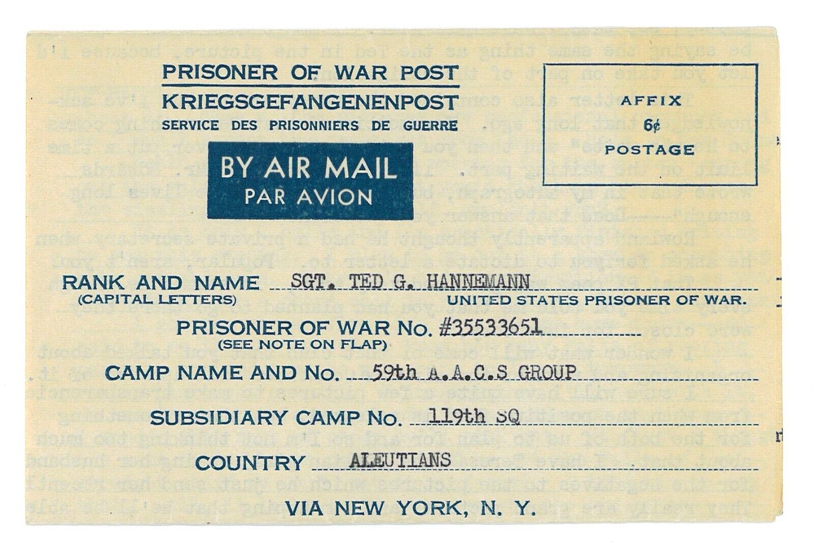 1944 letter on German prisoner of war sheet to American at Adak Island, Alaska