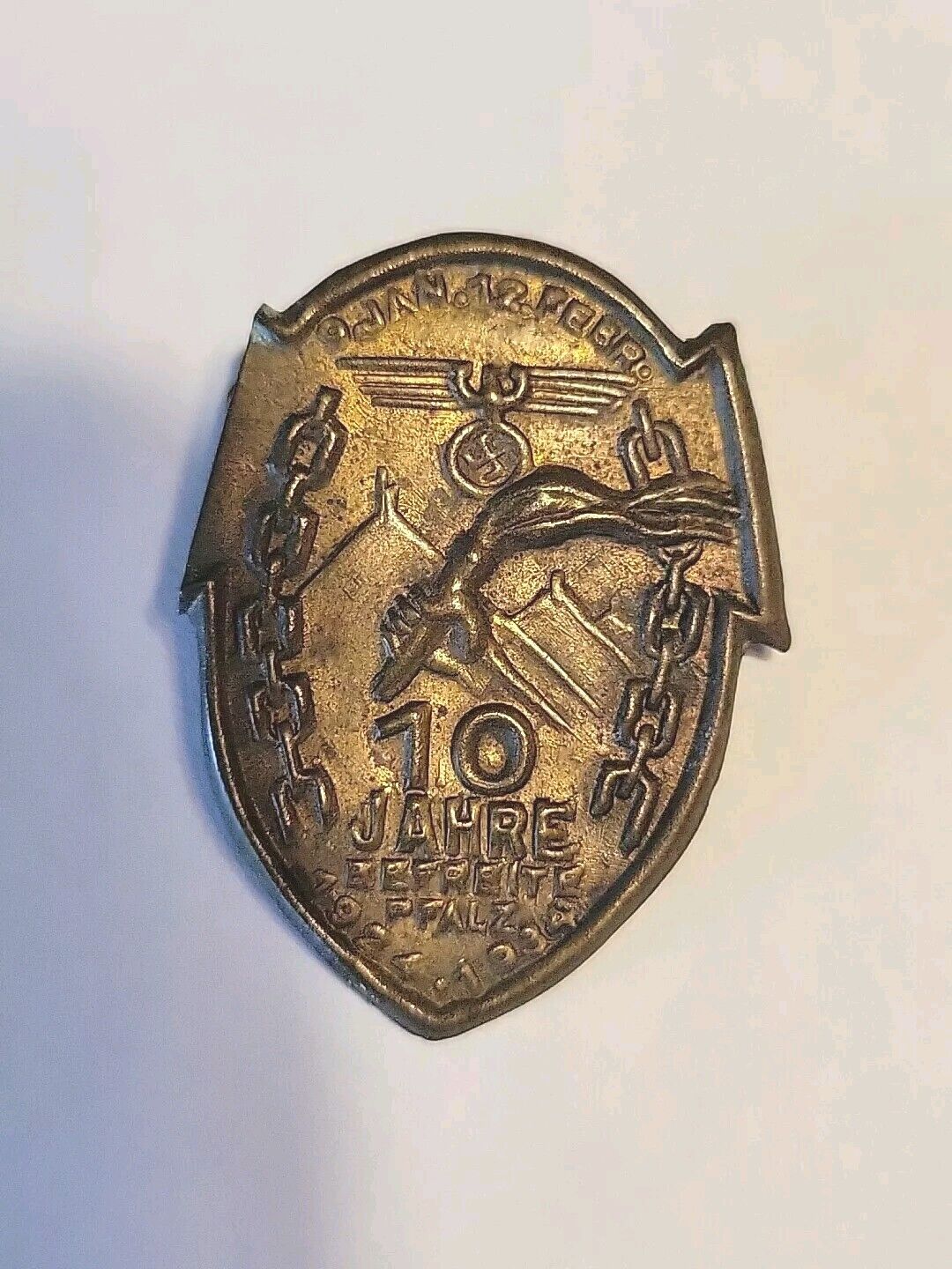 Vintage 1924-1934  10 Jahre Beereite Pfalz Tinnie German Badge Pin Brooch Brass