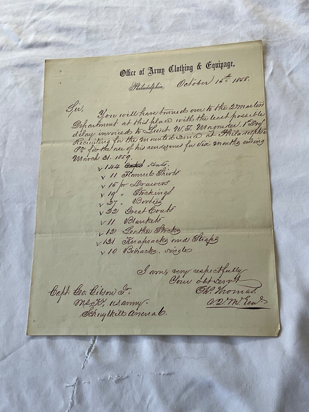 LT WE MAGRUDER KIA CSA GETTYSBURG US ARMY UNIFORMS ORDER SCHUYLKILL ARSENAL 1858