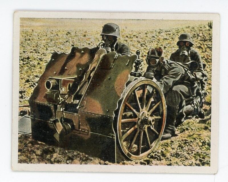Third Reich German Cigarette Card Soldiers in Gasmask Fire 75mm Infantry Gun