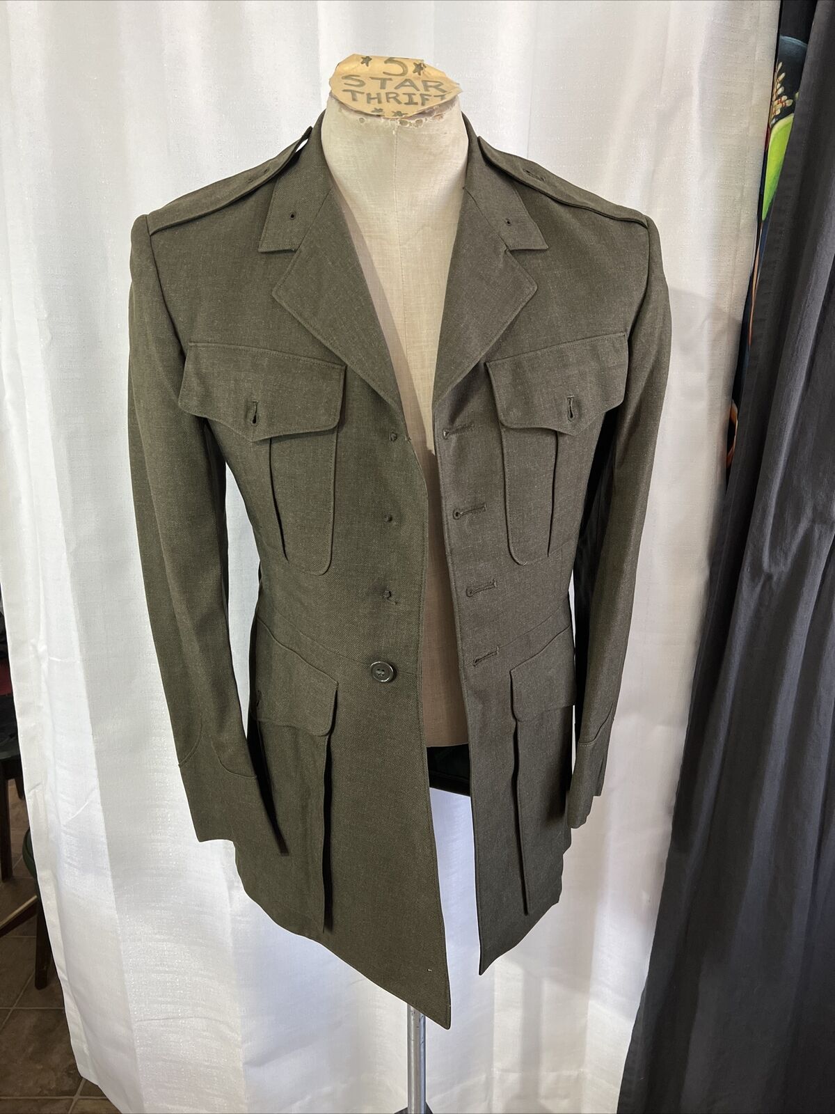 1967 VIETNAM WAR US ARMY WOOL SERGE GREEN COAT MENS VINTAGE SMALL *NEEDS BUTTONS