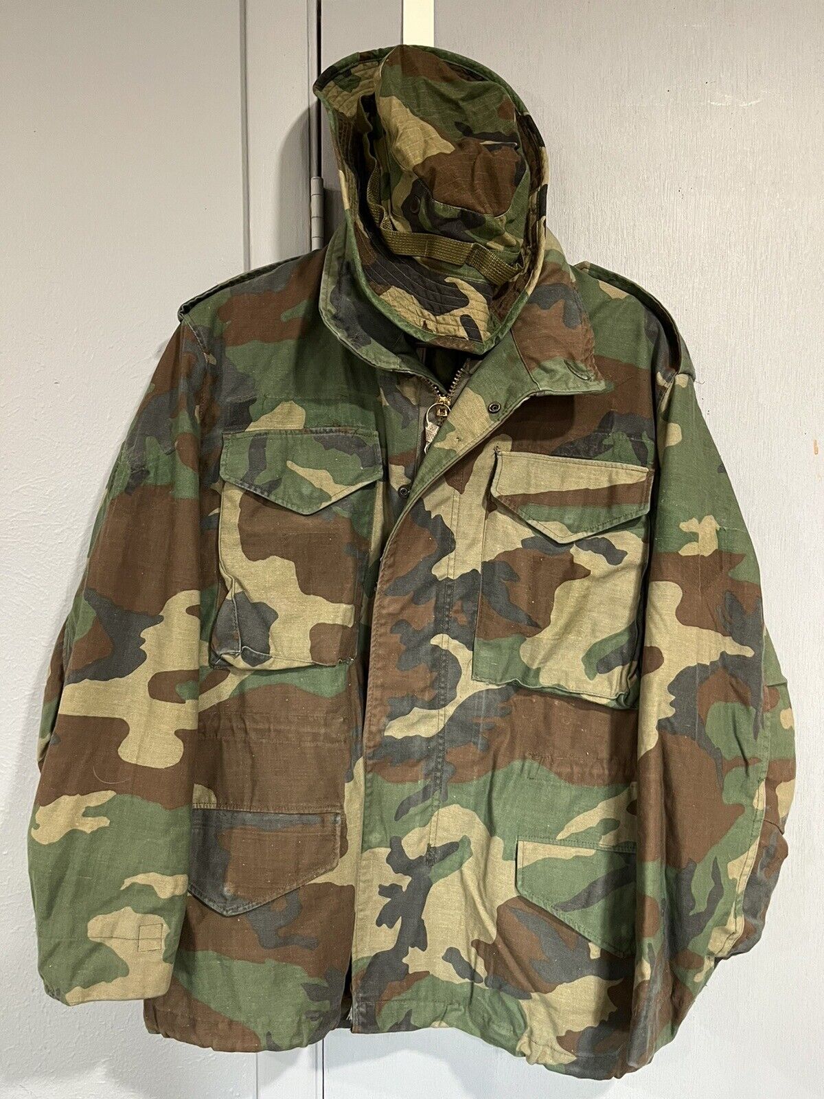 Vntg Army M65 Cold Weather Field Coat Woodland Camo Sz Small Short 1989 + Boonie