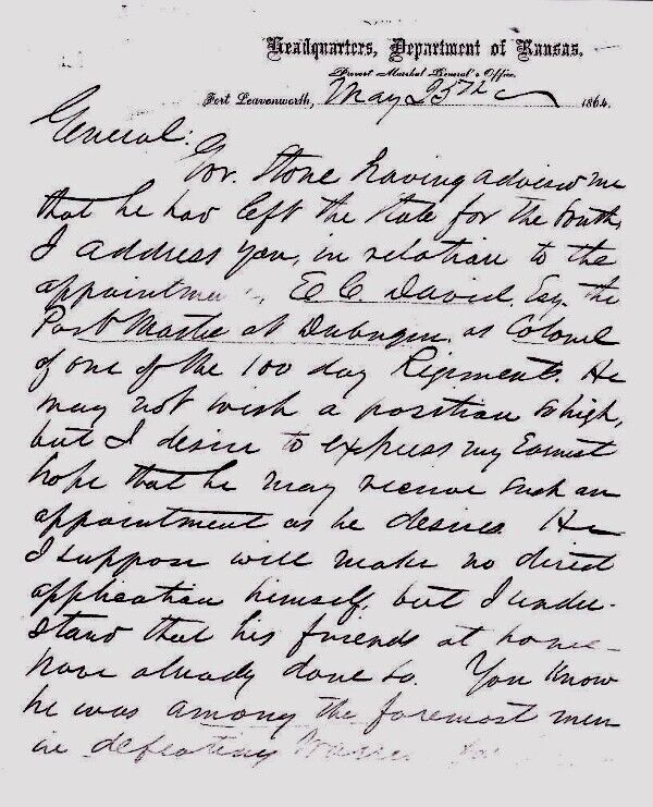 1864 Letter - Headquarters, Dept. Of Kansas - FORT LEAVENWORTH, 7th IOWA CAVALRY