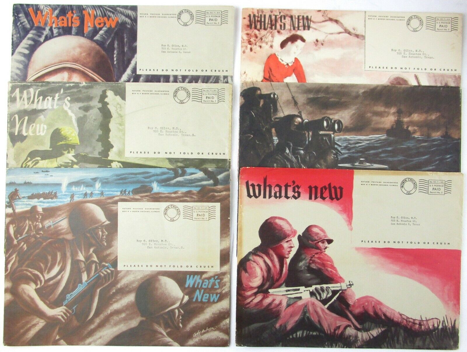 EMPTY What\'s New Envelopes, Lot of 6, WWII Military Art