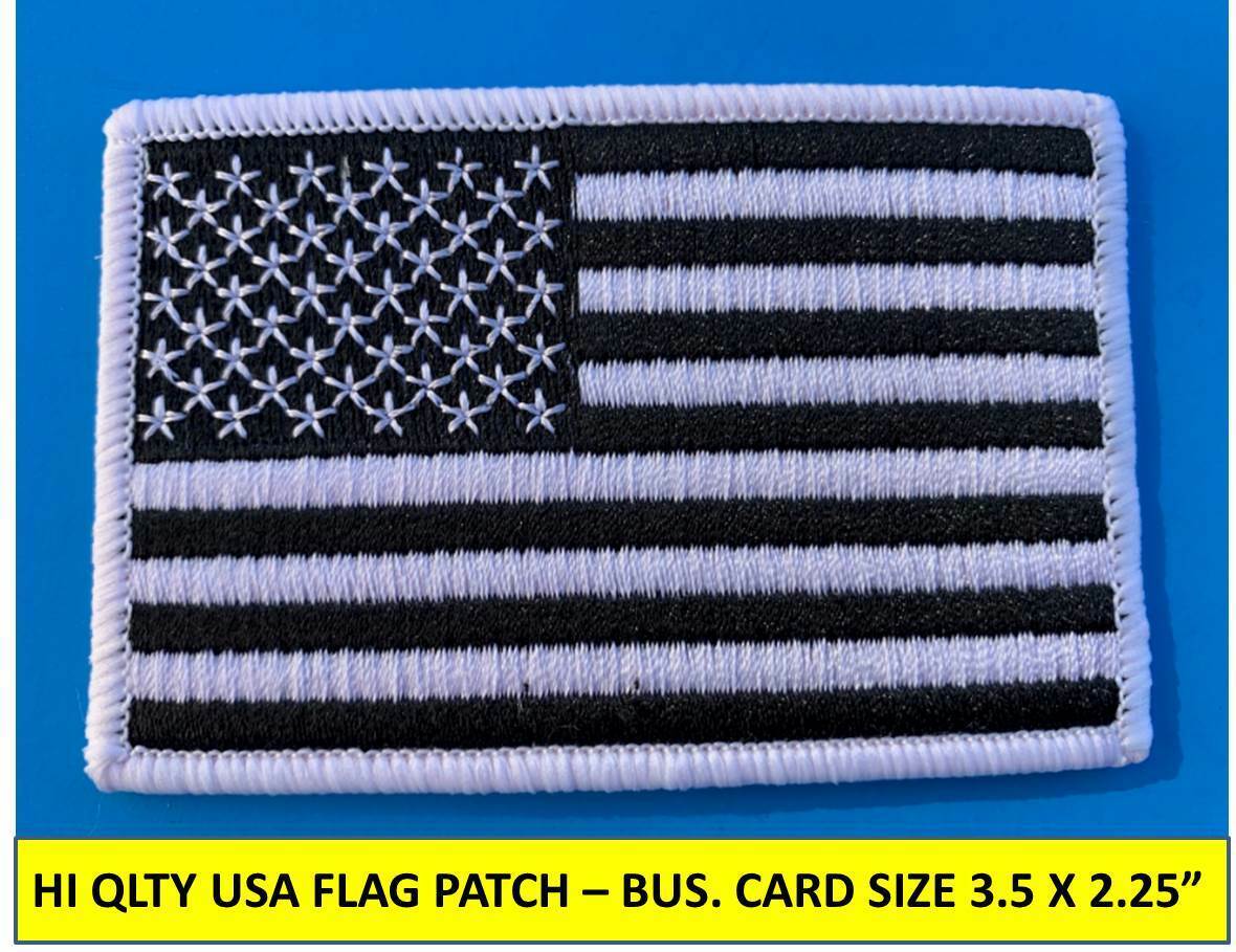 USA AMERICAN FLAG BLACK/WHITE EMBROIDERED PATCH IRON-ON SEW-ON BORDER(3½ x 2¼”) 